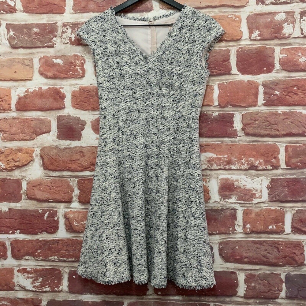 Rebecca Taylor Dress Women's Size 2 White Blue Speckled Tweed Raw Edge Fringe